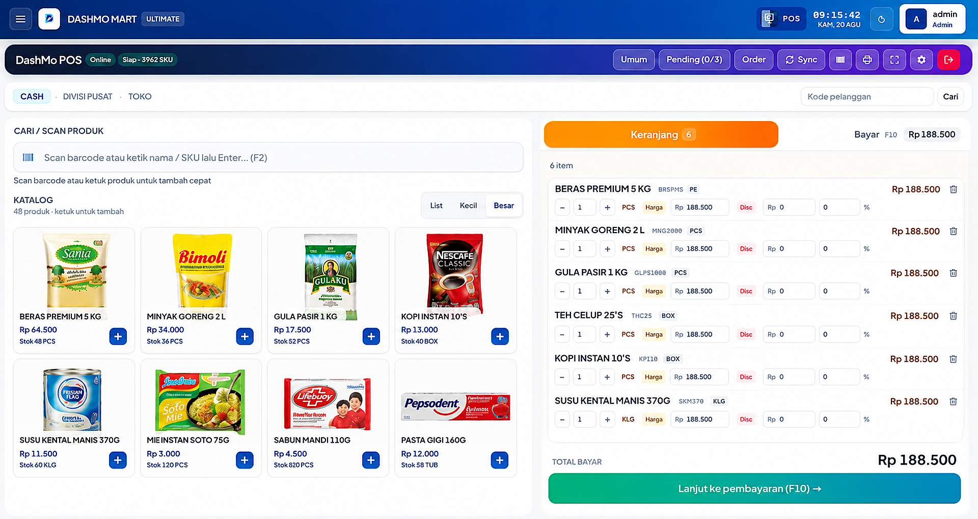 Tampilan kasir DashMo POS full screen: katalog dan keranjang